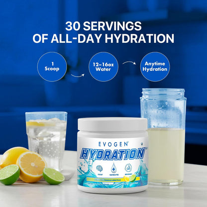 Evogen Hydration Sugar-Free Electrolytes | Lemon Lime | 30 Servings | Potassium, magnesium, sodium, calcium and coconut water with citicoline, taurine and B vitamins for energy and focus