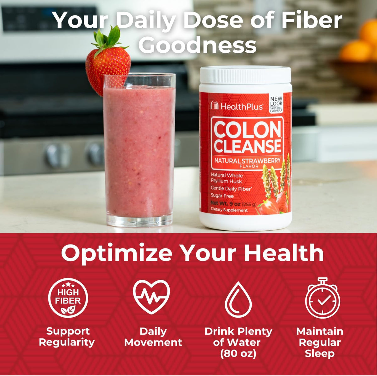 Health Plus Colon Cleanse Fiber Powder, Strawberry, 9 oz, 36 Servings | No artificial flavors; daily fiber with psyllium husk that supports natural detoxification and regularity