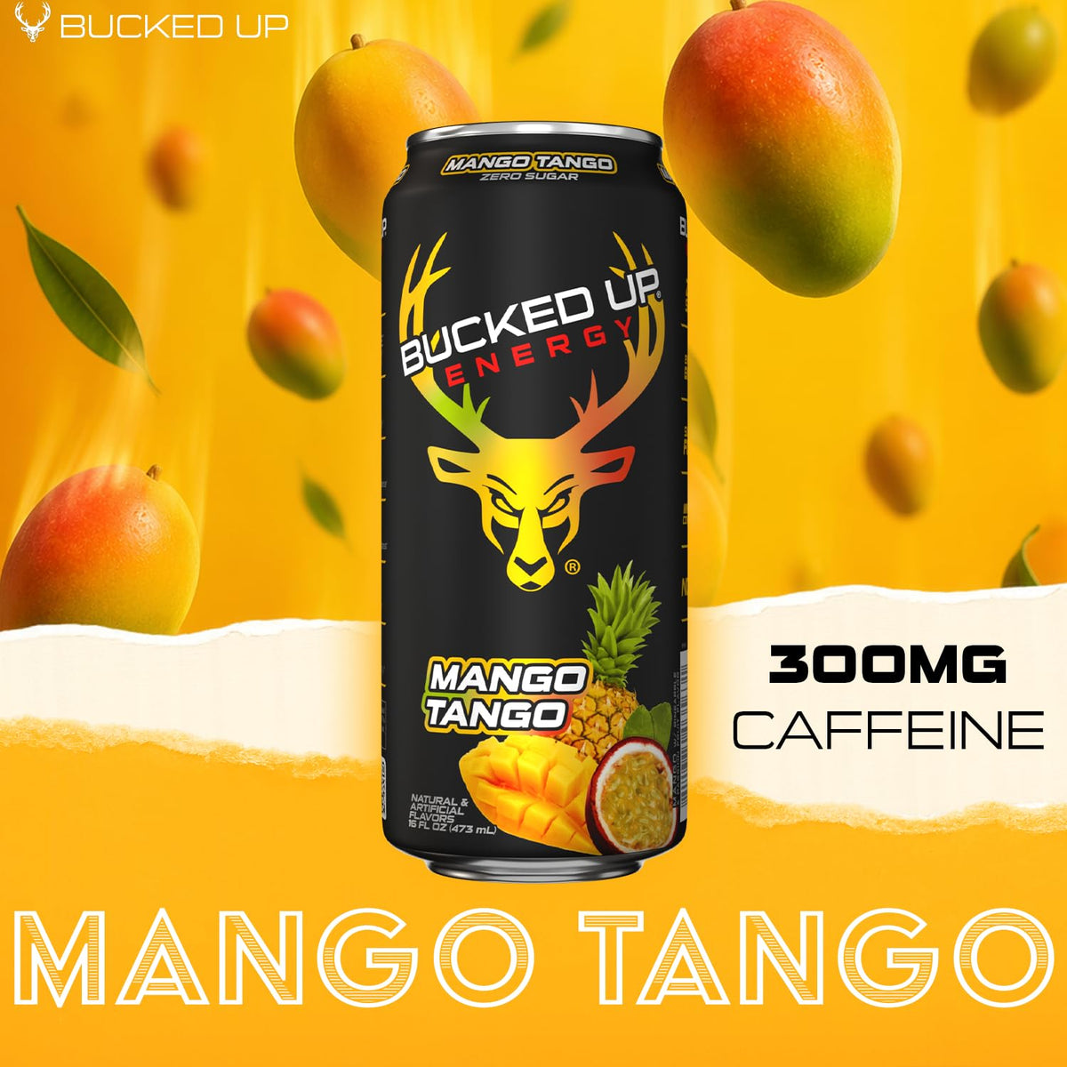 Bucked Up Energy Zero Sugar | 300mg Caffeine Energy Drink with AlphaSize TeaCrine Dynamine and Huperzine A | Zero Sugar Performance Beverage, 12 Pack, 16 fl oz Cans (Mango Tango)