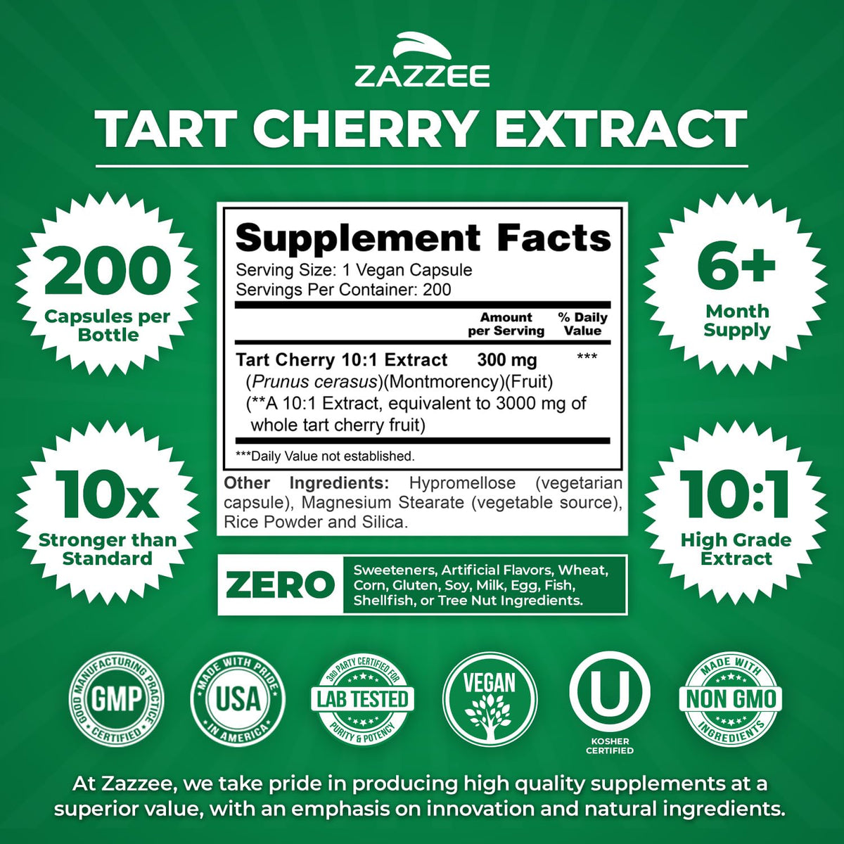 Zazzee Tart Cherry 10:1 Extract, 200 Vegan Capsules, 6+ Month Supply, Montmorency Cherry, Certified Kosher, Joint & Uric Acid Support, Antioxidant Support Formula, Non-GMO, Made in the USA