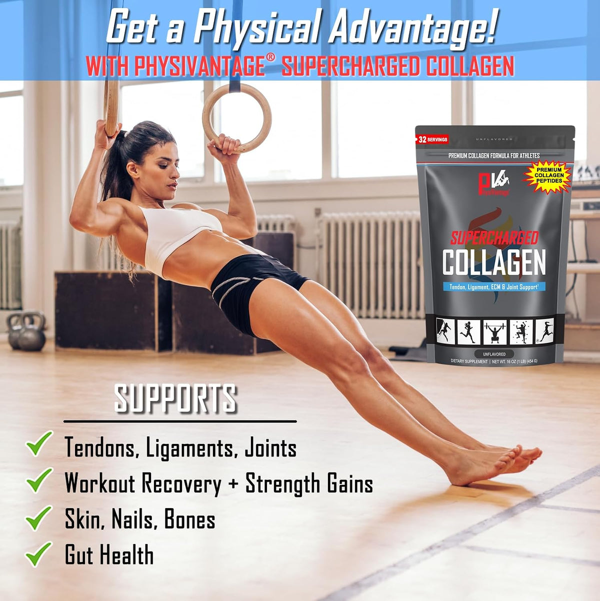 PhysiVantage Supercharged Collagen Peptides Powder - Unflavored & Organic Greens Powder