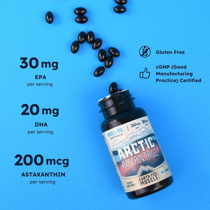 Earth Fed Muscle Arctic Advantage Krill Oil 500mg softgels, Omega-3 DHA & EPA for Heart, Brain, Eye & Joint Health Support, No Fishy Aftertaste, Non-GMO, Gluten-Free Antartic Krill Oil - 60 Capsules