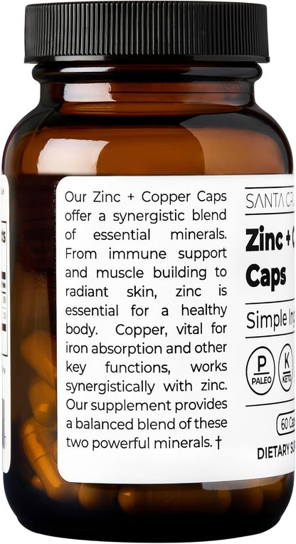 Santa Cruz Paleo, Zinc & Copper Mineral Supplement, High Absorption Formula, Zinc Supplement for Skin & Hair, L Methionine, Copper Gluconate, Trace Minerals, Gluten Free, Keto, Paleo, 60 Capsules