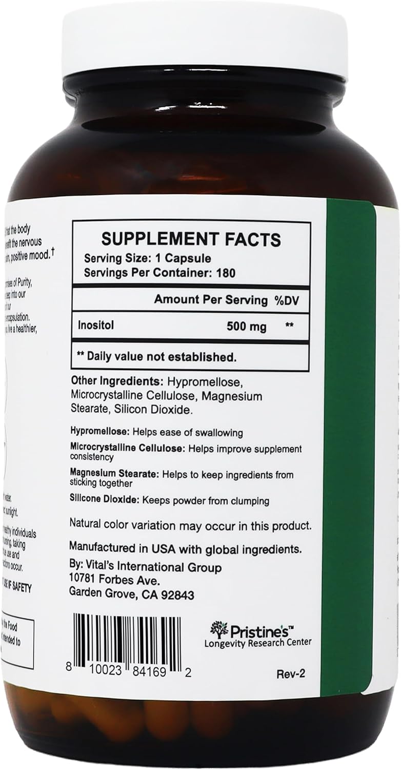 PRISTINE'S Myo-Inositol 500mg Capsules, Women's Health Support, 180 Count | Women's balance and cycle support for daily routines. 180 day supply, vegan, non-GMO, gluten-free capsules in a glass bottle