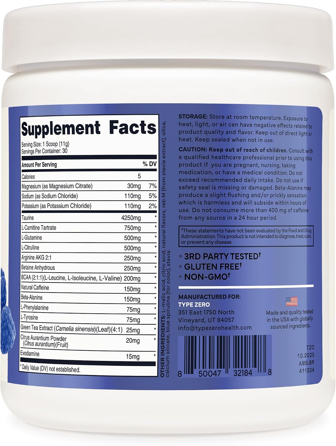 Type Zero Amino Burn (Blue Raspberry) 30 Servings, Clean Pre Workout | Vegan BCAA + Clean Pre Workout Powder with Arginine AKG, L-Citrulline & Beta Alanine, Endurance & Hydration Supplement
