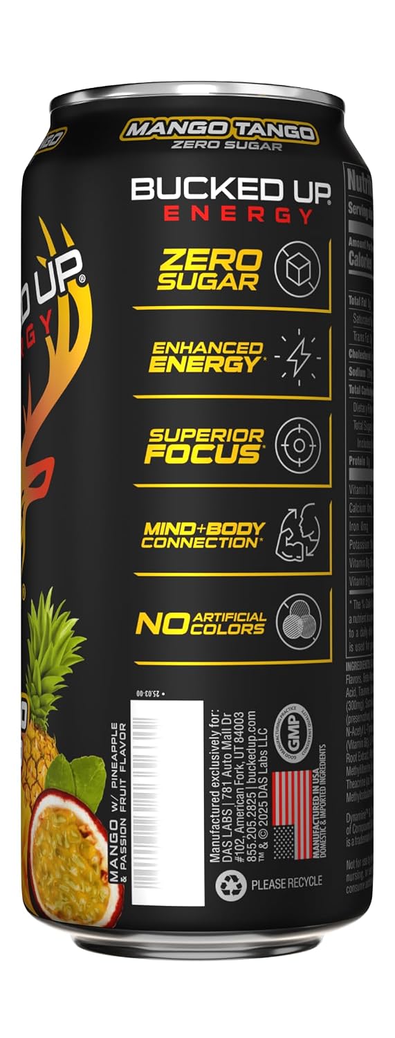 Bucked Up Energy Zero Sugar | 300mg Caffeine Energy Drink with AlphaSize TeaCrine Dynamine and Huperzine A | Zero Sugar Performance Beverage, 12 Pack, 16 fl oz Cans (Mango Tango)
