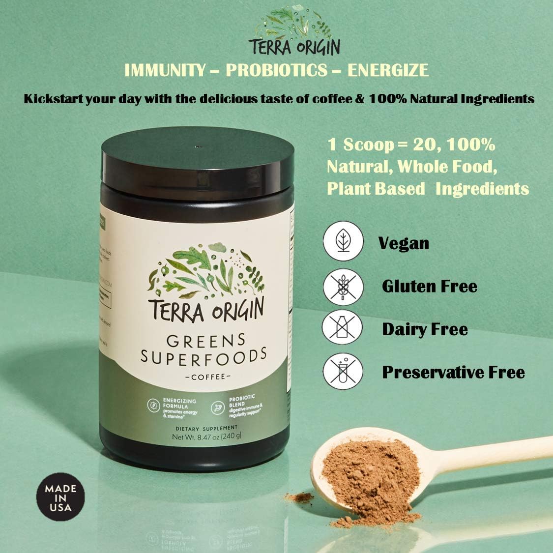 TERRA ORIGIN Superfoods Greens Blend | Organic Vegetable Supplement with Tumeric, Milk Thistle, Green Tea, Chlorella | Non-GMO, Gluten-Free, Vegan | Coffee | 30 Servings