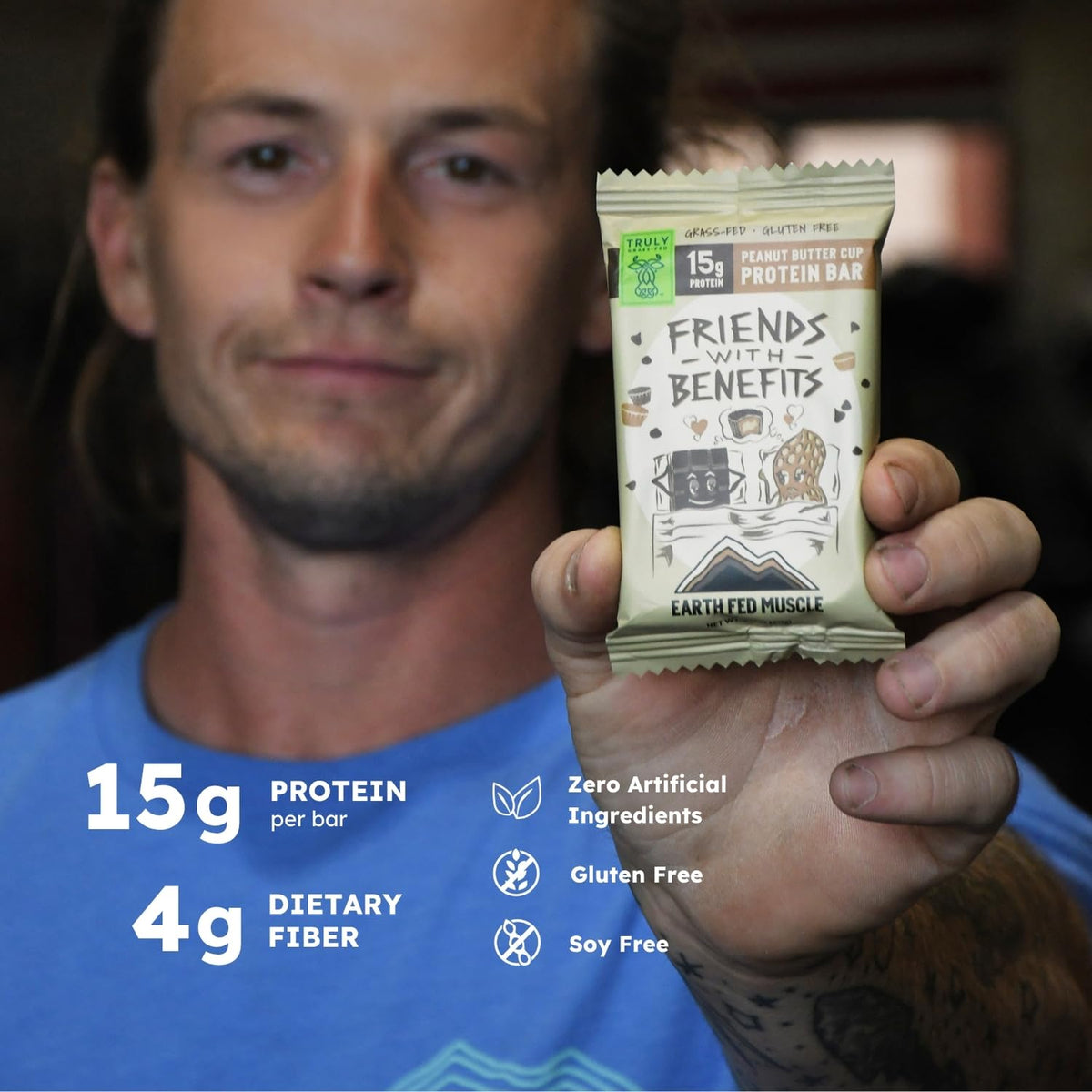 Earth Fed Muscle Friends with Benefits Chocolate Peanut Butter Grass Fed Whey Protein Bars | 15g Protein Snack | Gluten Free, Non-GMO, All-Natural Peanut Butter Energy | 2.12 oz Bars (10 Count)