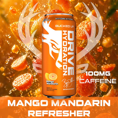 Bucked Up Drive Hydration and Energy | Zero Sugar Electrolyte Drink with GeniusPure Alpha-GPC & 50mg Natural Caffeine | No Artificial Colors | Performance Hydration Beverage | 12 Pack, 16 fl oz Cans | (Mango Mandarin)