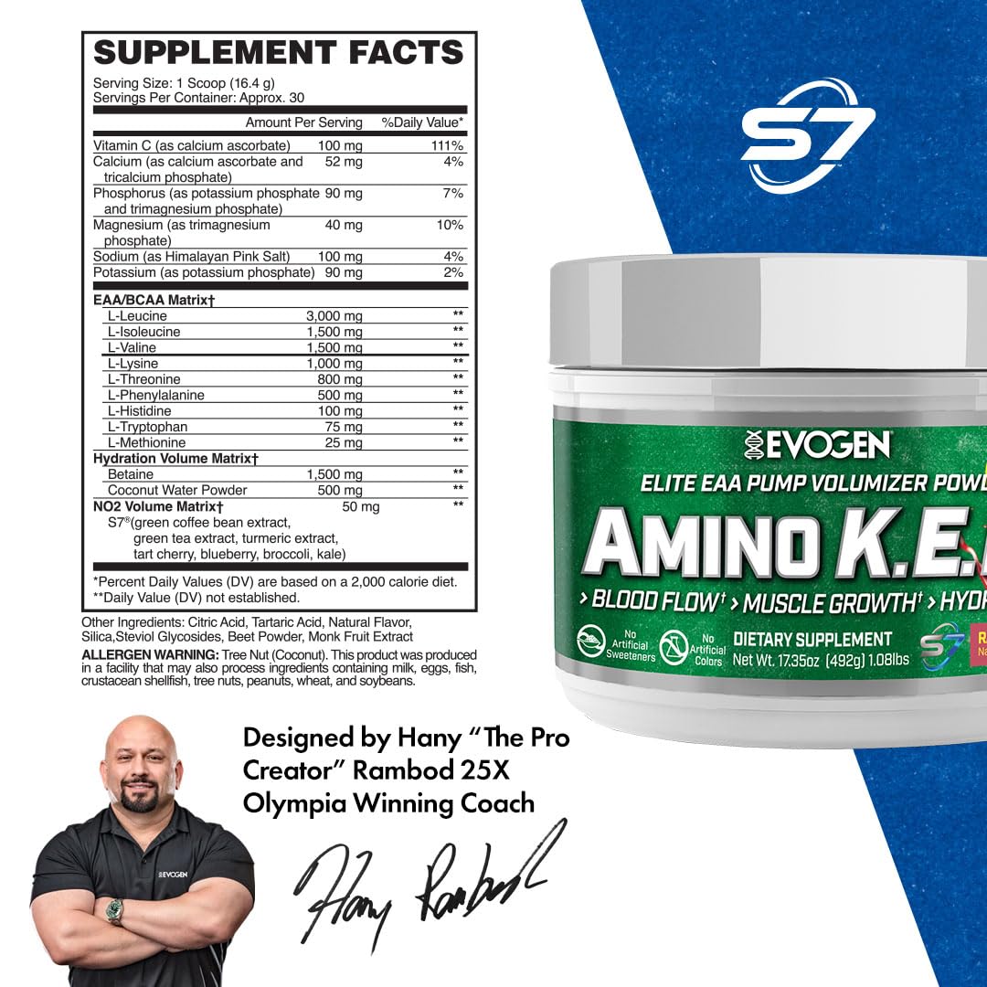 Evogen Amino K.E.M. EAA & BCAA | Tropic Thunder | 30 Servings | S7 nitric oxide blend with betaine anhydrous, coconut water and leucine for blood flow, muscle growth, hydration and recovery