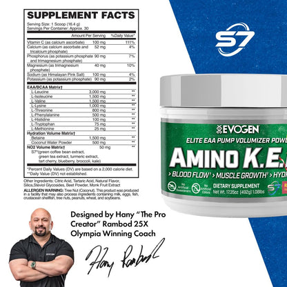 Evogen Amino K.E.M. EAA & BCAA | Tropic Thunder | 30 Servings | S7 nitric oxide blend with betaine anhydrous, coconut water and leucine for blood flow, muscle growth, hydration and recovery