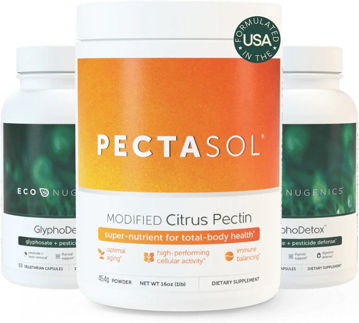 EcoNugenics Detox Rescue Supplement Bundle for Men & Women – PectaSol Modified Citrus Pectin Fiber + 2 GlyphoDetox Bottles — Safely Removes Pesticides & Agricultural Toxins, Offers Total-Body Support