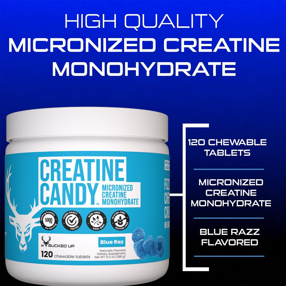 Bucked Up Creatine Candy Blue Raz | Micronized Creatine Monohydrate | 120 Chewable Tablets, 24 Servings | Fizzy Creatine No Water Needed | Non GMO Gluten Free Third Party Tested