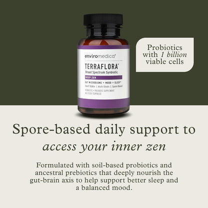 Enviromedica Terraflora Deep Zen Synbiotic - Spore Based Probiotics and Prebiotics for Gut Health & Mood Support, Organic Soil Based Probiotic Supplement for Men and Women 60 Capsules