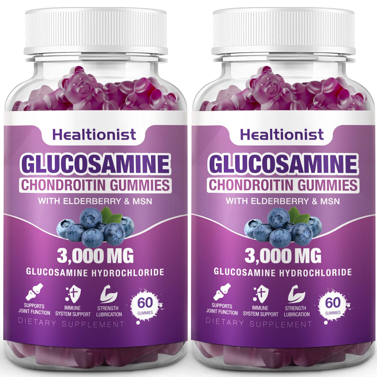 Healtionist 2 Packs 3000mg Glucosamine Chondroitin Gummies with MSM & Elderberry