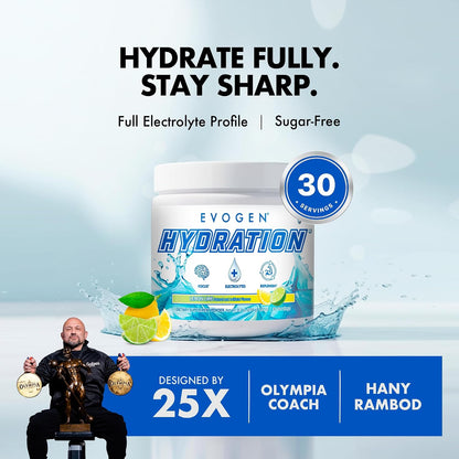 Evogen Hydration Sugar-Free Electrolytes | Lemon Lime | 30 Servings | Potassium, magnesium, sodium, calcium and coconut water with citicoline, taurine and B vitamins for energy and focus