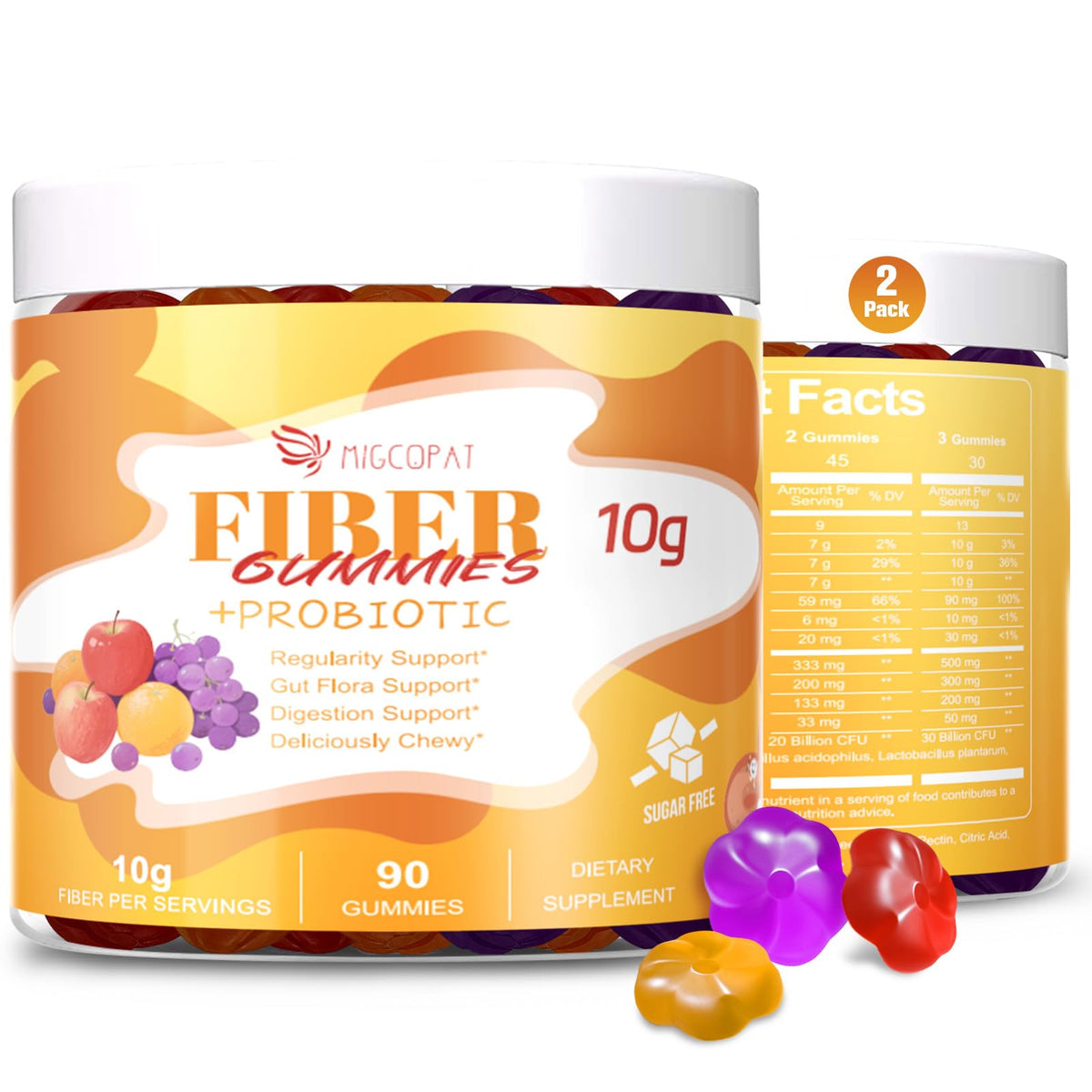 Migcopat 10G Fiber Gummies with Probiotics, Fiber Supplement with 30 Billion CFU Probiotics Blend, ACV, Vitamin C, Inulin - Support Digestive Health - No Sugar Added - Fruit Flavored - 90 Count