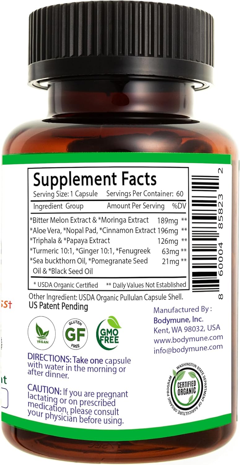 Bodymune Blood Sugar Blend – Organic Blood Sugar Support Supplement – with Bitter Melon Capsules, Moringa, & Black Seed Oil – 66 Capsules – USDA Organic, Vegan, Non-GMO