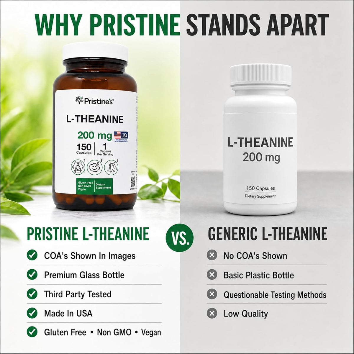 PRISTINE'S L-Theanine 200mg Capsules Sleep & Relaxation, Vegan, 150 Count | Calm focus, sleep and relaxation support without caffeine or stimulants. 150 count, vegan, non-GMO, gluten-free glass bottle