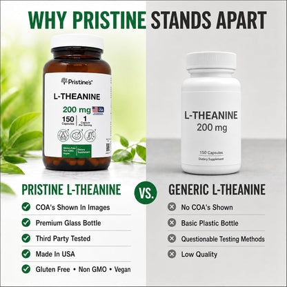 PRISTINE'S L-Theanine 200mg Capsules Sleep & Relaxation, Vegan, 150 Count | Calm focus, sleep and relaxation support without caffeine or stimulants. 150 count, vegan, non-GMO, gluten-free glass bottle