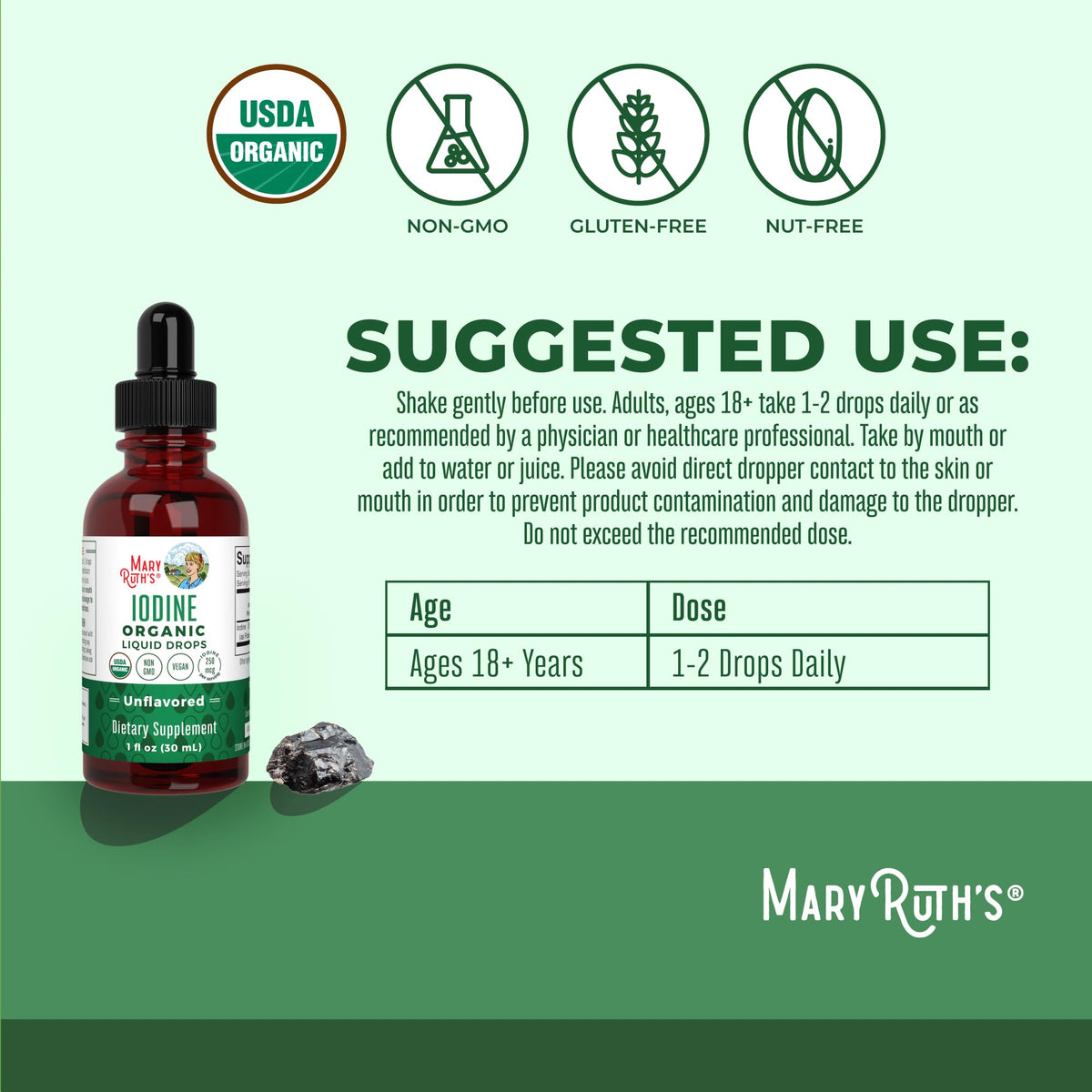 MaryRuth Organics Iodine Liquid Drops | Potassium Iodide | 1 Year Supply | 450 Servings | Thyroid Health | USDA Organic| Vegan | Non-GMO | Gluten Free | 1 Fl Oz