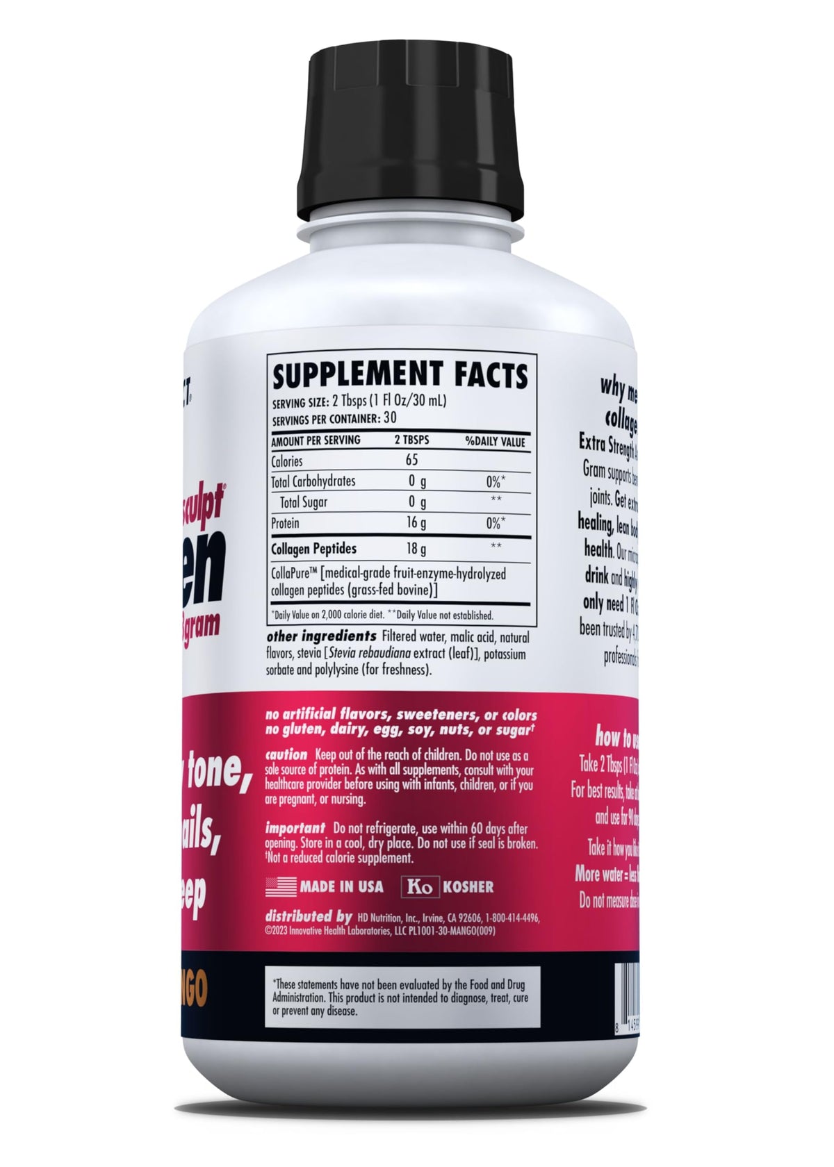 HEALTH DIRECT AminoSculpt Sugar-Free Liquid Collagen, Tart Cherry, 30 oz | High-Potency Collagen for Men & Women. Supports Hair, Skin, Nails & Joints. Medical-Grade, No Mixing, Non-GMO & Grass-Fed