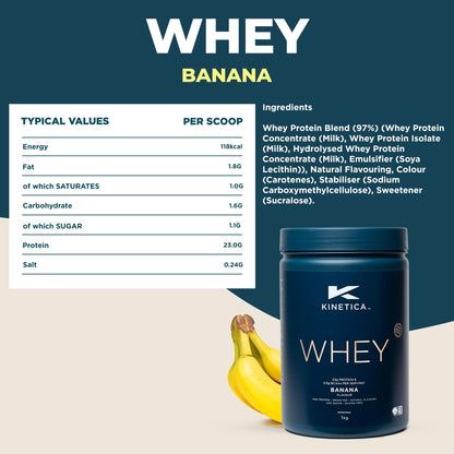 Kinetica Banana Whey Protein Powder | 2.27kg | 23g Protein per Serving | 76 Servings