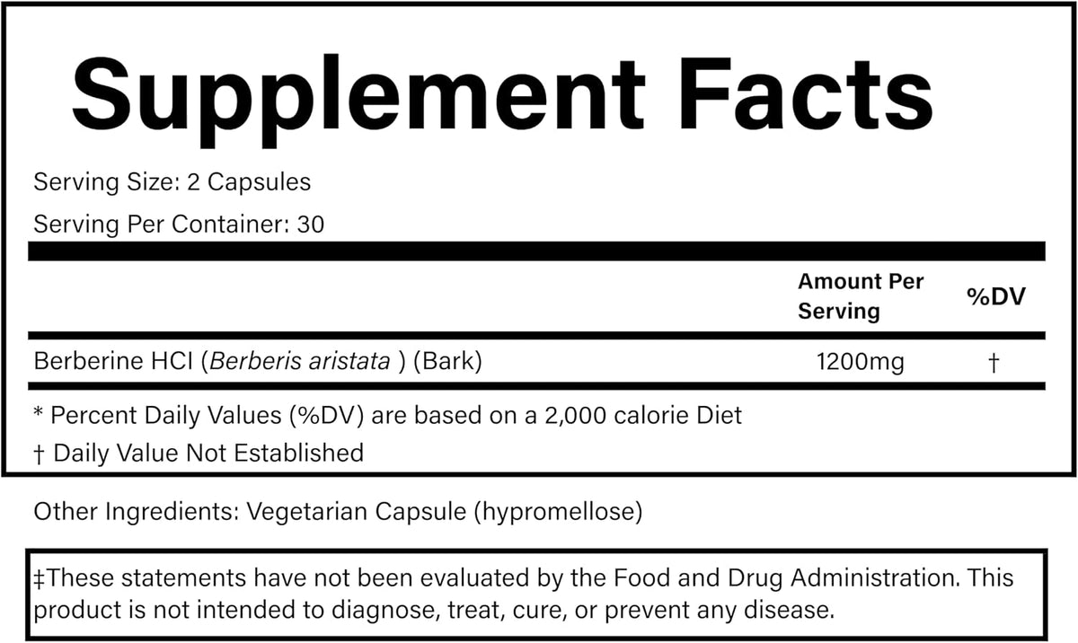 PURE® Berberine Supplement, 1200mg, Metabolic, Glucose, Cardio, 60 Capsules, 30 Servings, 1-Month Supply, Plant-Based Dietary Supplement