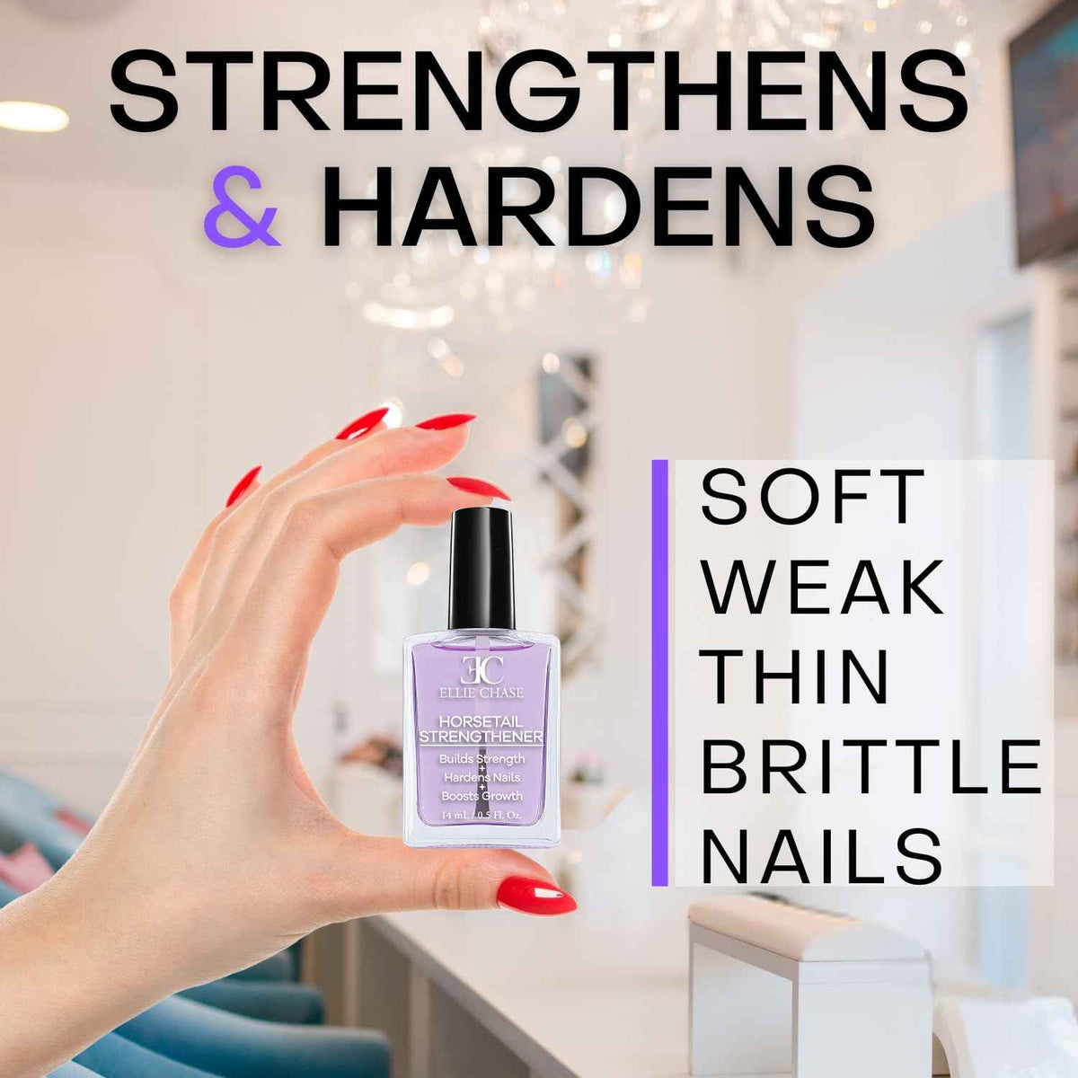 Ellie Chase Horsetail Nail Strengthener, Growth, Hardener, Repair Treatment Polish 0.5 OZ/Help Splits, Breaks, Thin, Weak