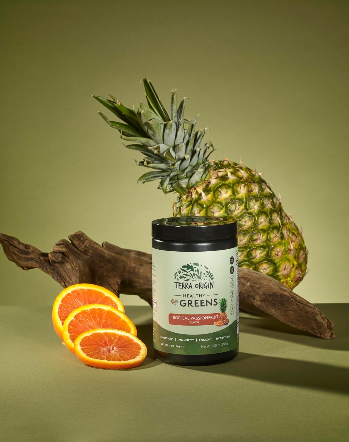 TERRA ORIGIN Greens Superfood Powder | Green Juice Powder with Probiotics & Enzymes | Plant Based Super Greens for Energy, Gut & Immune Support | Vegan, Non-GMO | 30 Servings Tropical Passionfruit