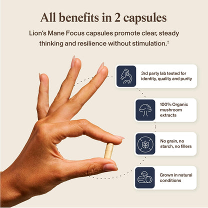 Real Mushrooms Lions Mane Mushroom Cognition (120 Capsules) Lions Mane Mushroom Powder Extract Capsules | Brain Supplement, Brain Vitamins, Focus Supplement