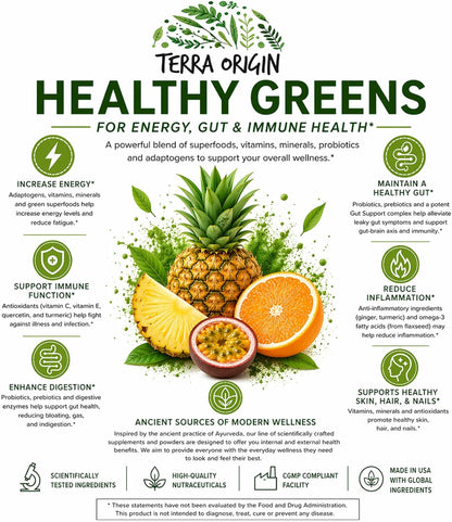 TERRA ORIGIN Greens Superfood Powder | Green Juice Powder with Probiotics & Enzymes | Plant Based Super Greens for Energy, Gut & Immune Support | Vegan, Non-GMO | 30 Servings Tropical Passionfruit