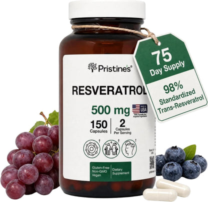 PRISTINE'S Resveratrol 500mg Capsules, 98% Trans-Resveratrol, 150 Count | Healthy aging and antioxidant support from 98% trans-resveratrol. 75 day supply, vegan, non-GMO, gluten-free glass bottle