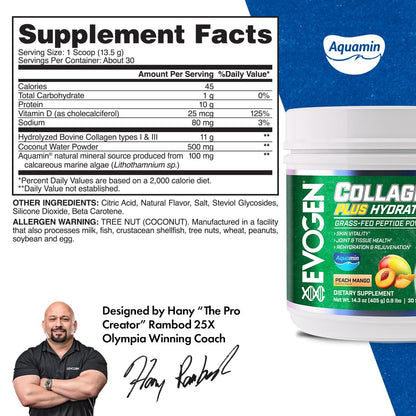 Evogen Collagen Plus Hydration Peptide Powder Plus Hydration | Vanilla Bean | 30 Servings