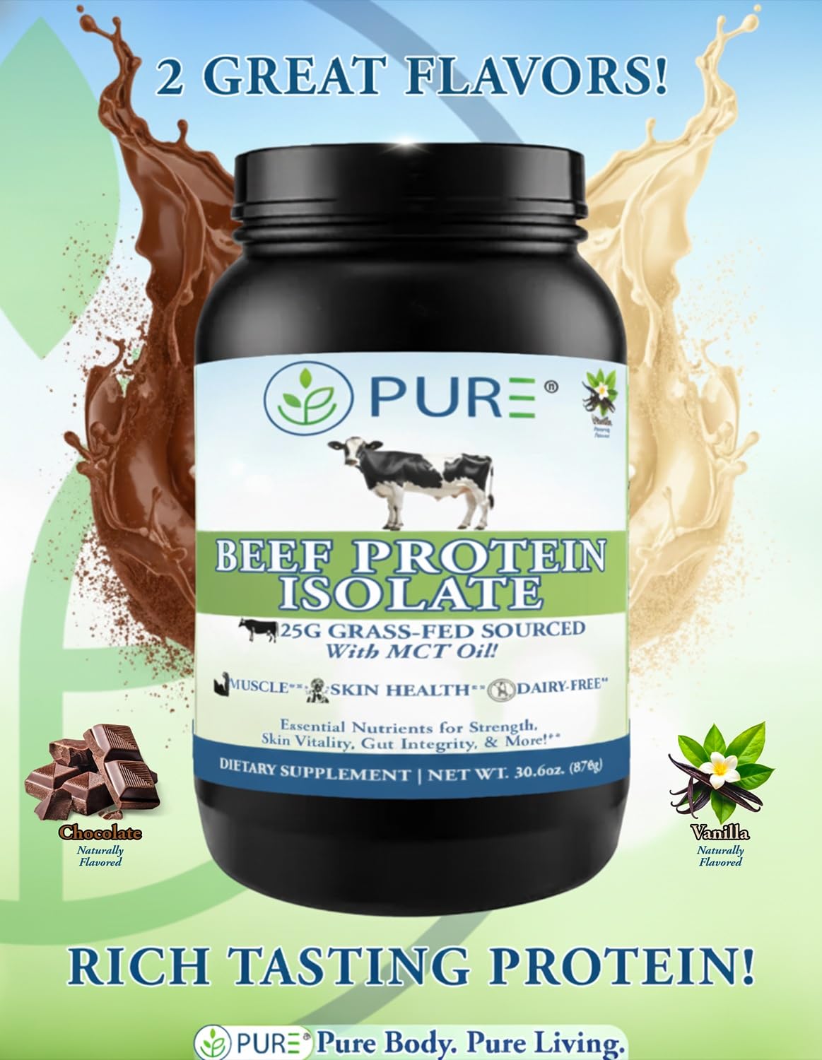 PURE® Grass-Fed Beef Protein Isolate Powder - 25g Protein, 28 Servings - Dairy-Free Paleo & Keto Friendly Protein with MCT Oil, Probiotics & Natural Collagen - No Whey or Lactose - Chocolate 913 Grams