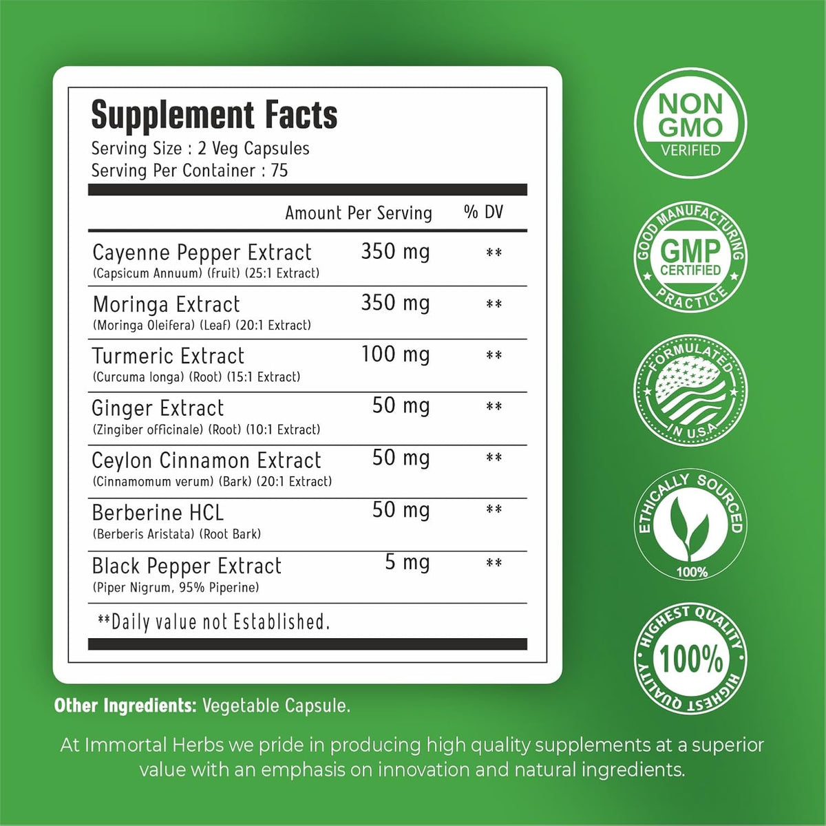 Cayenne Pepper Moringa Turmeric Ginger Capsules, 150 Pills, Extra Strength, Non-GMO & Gluten Free, Pure Berberine HCL and Ceylon Cinnamon Extract Powder