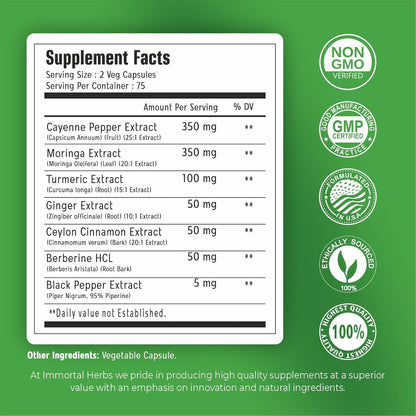 Cayenne Pepper Moringa Turmeric Ginger Capsules, 150 Pills, Extra Strength, Non-GMO & Gluten Free, Pure Berberine HCL and Ceylon Cinnamon Extract Powder