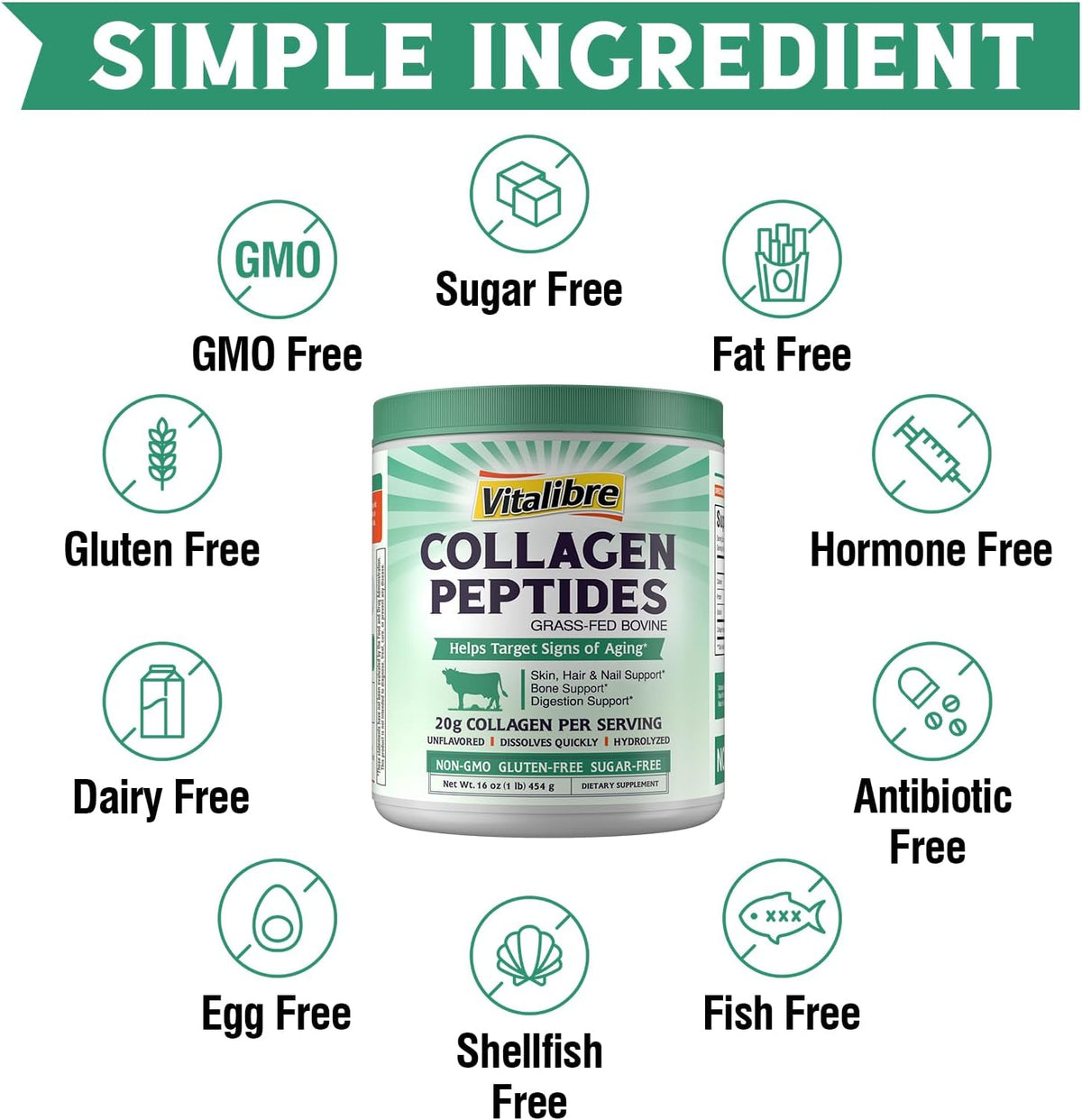 Vitalibre Bovine Collagen Peptides Powder for Women and Men, Grass-Fed Hydrolyzed Collagen Protein Type I & III, Skin, Hair, Nails, Bones, Digestion, Unflavored, Non-GMO, Keto & GF, 22 Servings, 16oz