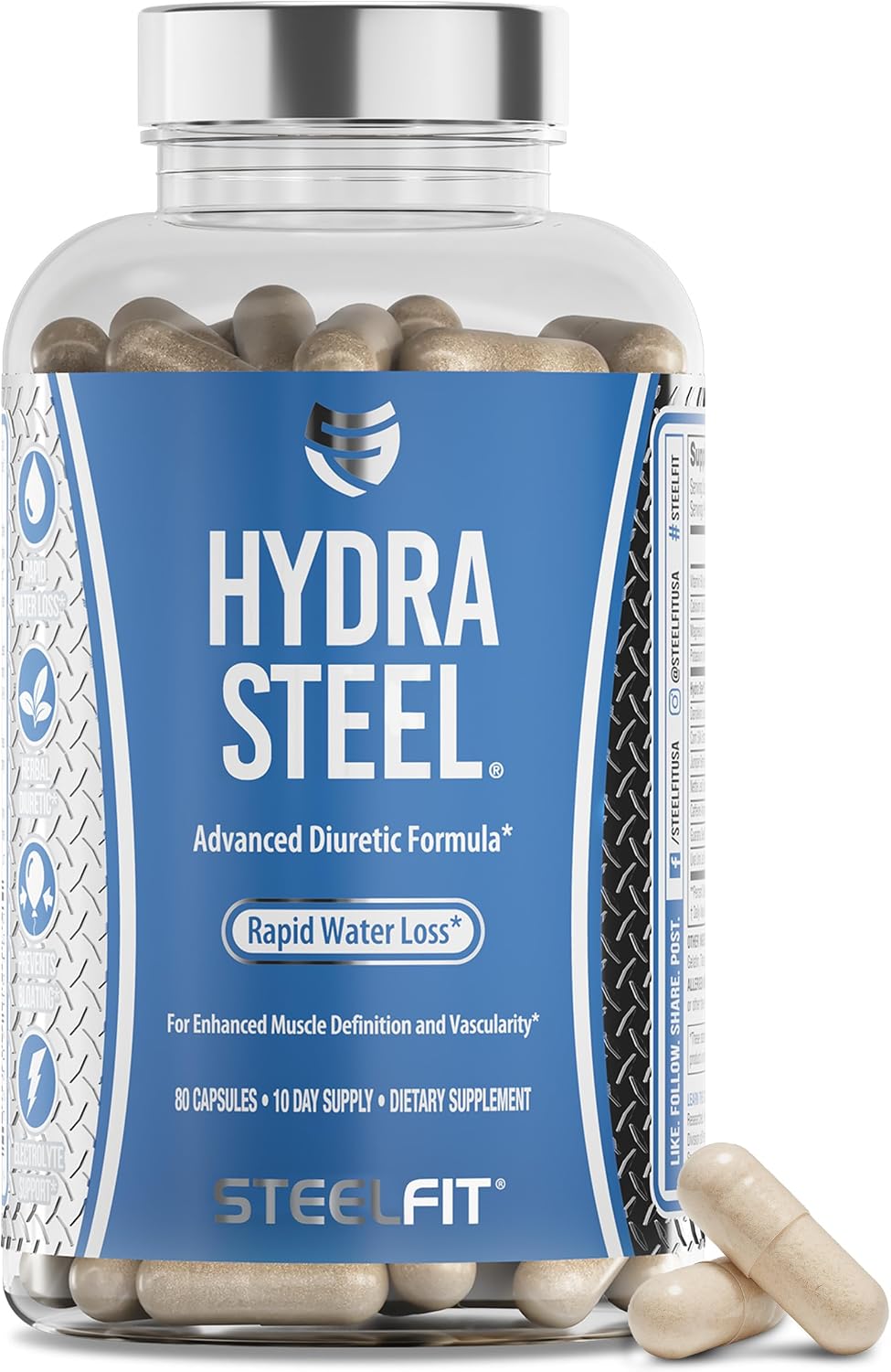SteelFit Hydra Steel, Diuretic Water Pills Supplement - 80 Count | Dandelion & Added Electrolytes - Boost Water Weight Loss for Enhanced Muscle Definition - Water Retention & Bloat Relief