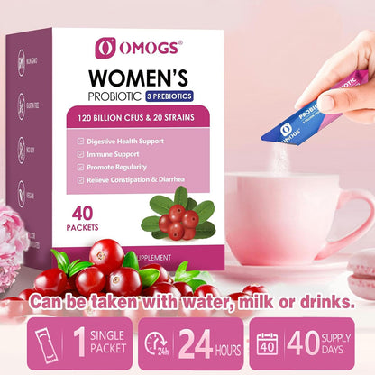 OMOGS Women's Probiotic,120-Billion-CFUs, 18 Strains, with 3 Prebiotics and Cranberry Extract, Help for Immune Booster, Digestive Health, Gut Health and Vaginal Health