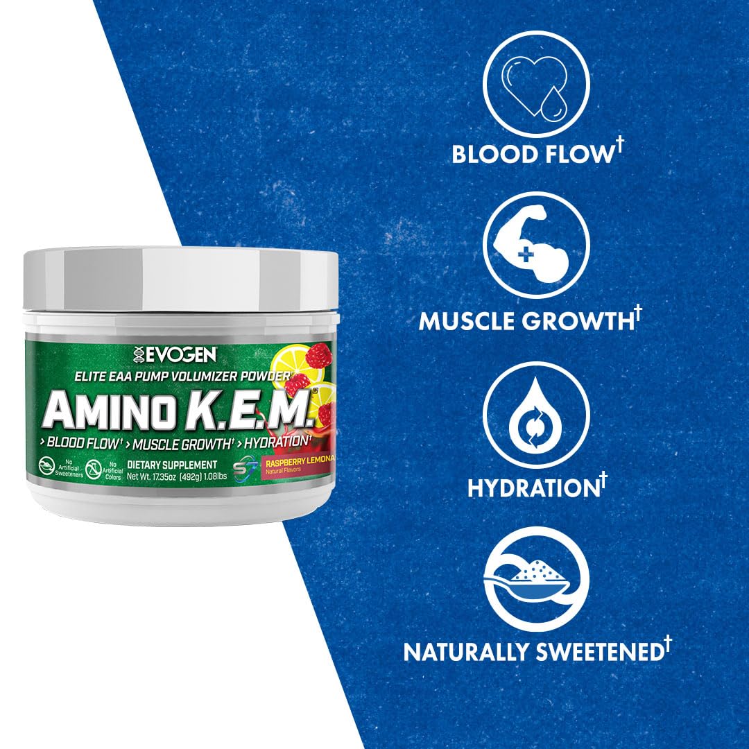 Evogen Amino K.E.M. EAA & BCAA | Tropic Thunder | 30 Servings | S7 nitric oxide blend with betaine anhydrous, coconut water and leucine for blood flow, muscle growth, hydration and recovery