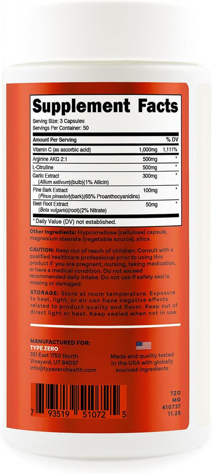 Type Zero Nitric Oxide 6X Booster, 150 Veggie Capsules, Natural Supplement | Beetroot, Arginine AKG, Citrulline, Pine Bark, Garlic & Vitamin C, Nitrous Oxide