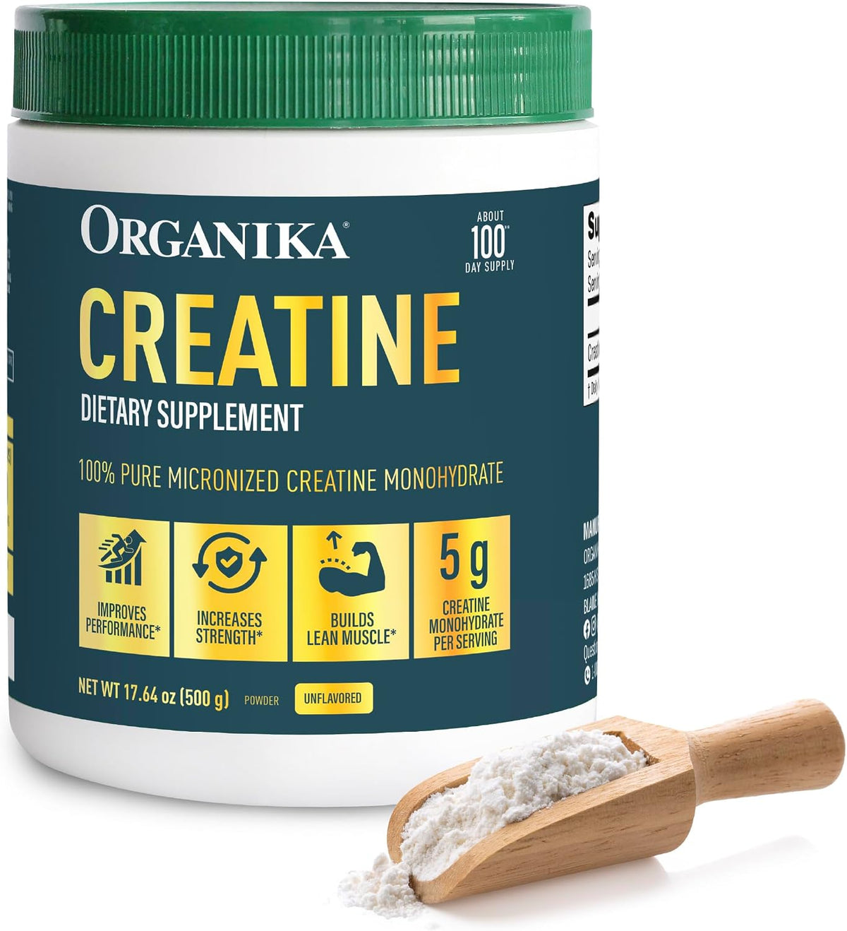 Organika Creatine Powder- 100% Pure Micronized Creatine Monohydrate - Helps Build Lean Muscle, Increase Strength, and Improved Recovery and Performance for Men and Women - 500g, 100 Servings