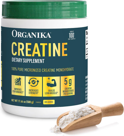 Organika Creatine Powder- 100% Pure Micronized Creatine Monohydrate - Helps Build Lean Muscle, Increase Strength, and Improved Recovery and Performance for Men and Women - 500g, 100 Servings