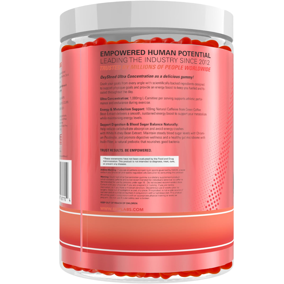 EHP Labs OxyShred Pre Workout Energy Gummies, Strawberry, 60 Servings | 100mg Natural Caffeine, 1000mg L-Carnitine, Vegan & Halal Friendly, No Artificial Colors, Zero Aspartame, HPLC Tested