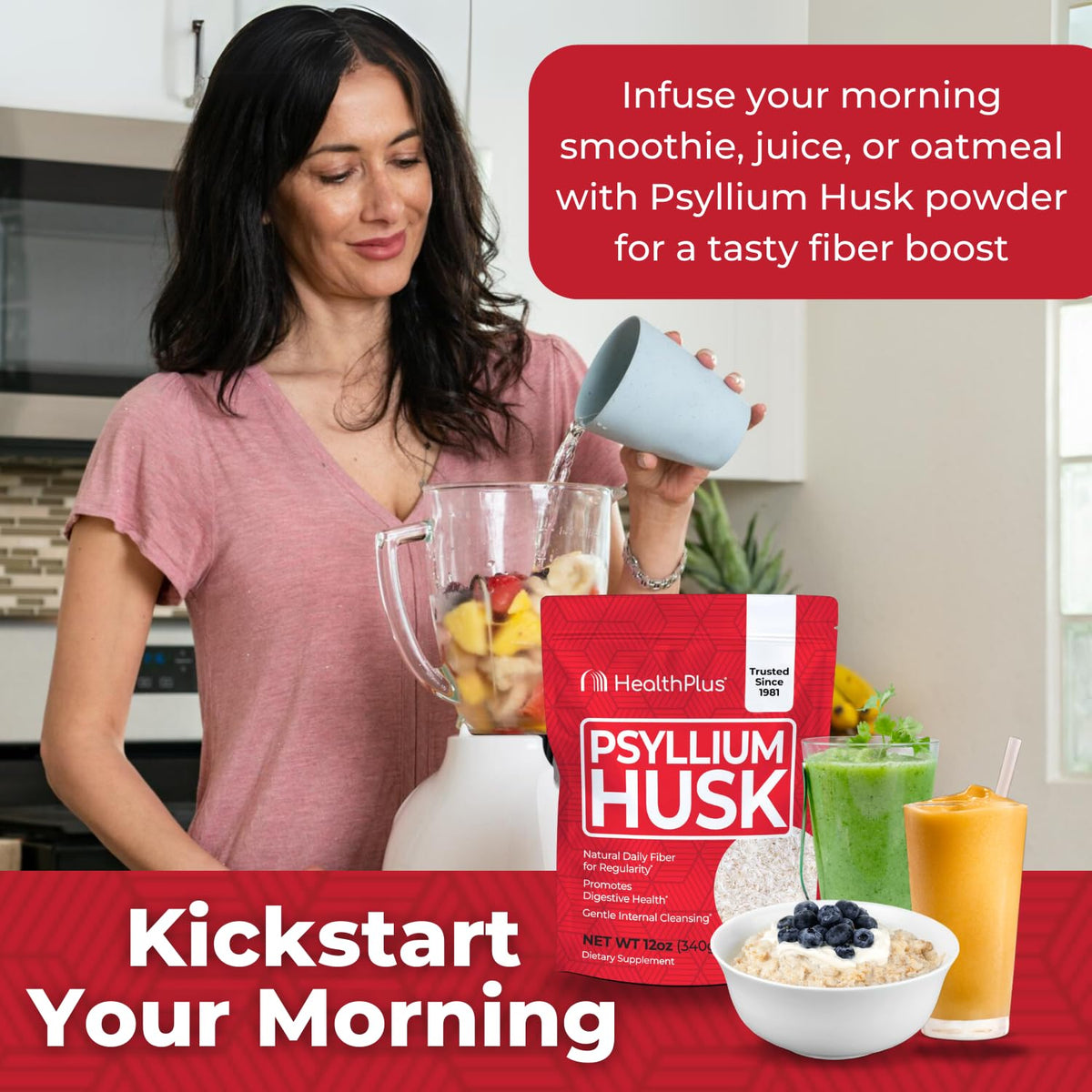 Health Plus Daily Psyllium Husk Fiber, 24 oz, 96 Servings | Pure psyllium husk fiber supplement; helps with occasional constipation, supports daily regularity, and keto baking uses
