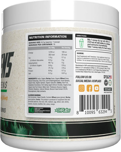 EHP Labs OxyGreens Super Greens Powder with Spirulina & Chlorella, Prebiotic Fiber, Probiotics & Digestive Enzymes – Antioxidant Green Superfood Supplement - 15 Serves (Pineapple)