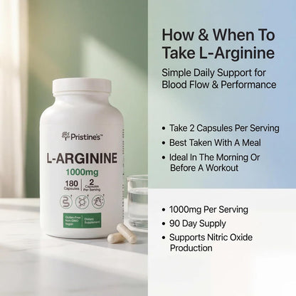 PRISTINE'S L-Arginine 1000mg Capsules, Nitric Oxide Blood Flow Support | Pre-workout amino acid support for blood flow and nitric oxide production. 90 day supply, vegan, non-GMO, gluten-free