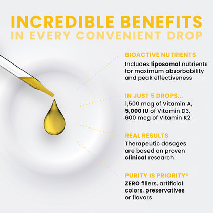 Pure TheraPro Rx Vegan A-D-K Drops-6 Mon Supply-Vitamin A(Palmitate & Betacarotene),Liposomal Vitamin D3(as vegan cholecalciferol),Liposomal Vitamin K2(MK-4 & MK-7)Supports Immunity & Bone Health-20mL