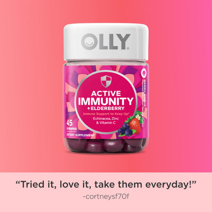OLLY Immunity Gummy, Immune Support, Elderberry, Zinc, Vitamin C, Supplement, Berry Flavor, 15 Day Supply - 45 Count
